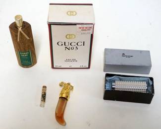 1265	PERFUME ASSORTMENT INCLUDING GUCCI NO 3, AMBRE VERT, RAM HEAD PERFUME BOTTLE AND PERFUME, WIESNER PEARL PERFUME BOTTLE AND FLORIENT BOTTLE
