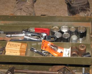 Metal Tool Box w/2 -1/2'Ratchets, sockets, Misc. tools