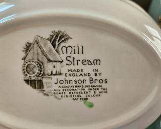 $180 (all) or (each price)Johnson Bros. Mill Stream, 8 dinner, 8 sandwich, 6 saucers, 7 tea cup, 3 mug, 8 square dessert, 5 sauce bowl, 4 cereal bowl, 1 round serving bowl, 1 oval serving bowl, 1 oval platter