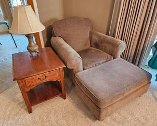 $55 Ethan Allen Arm chair, $25 Ottoman.  $40 Ethan Allen Country Crossing Side table.  $30 Lamp