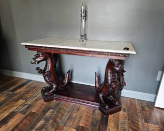 $225 Asian Dragon table w/marble top, broken tongue on right dragon (Piece on top of table)