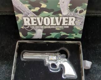 Revolver Shaped Silver Bullion, 2 oz .999 Fine Silver, Made In Republic Of Chad, In Box