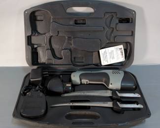 Rapala Cordless Fillet Knife Model PGEFR, With 2 Blades, 2 Batteries, Charger, Instructions, Cutting Board On Back Of Hard Case