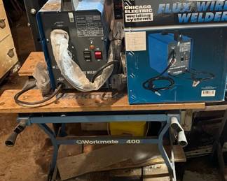 Chicago Electric Flux Wire Welder, Helmets, Work Table In Basement 