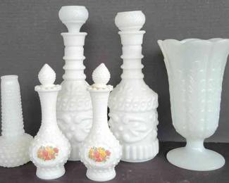 Milk Glass Decanters And Hobnail Vases