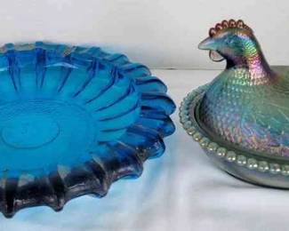 Carnival Glass Hen On Nest Blue Glass Ashtray
