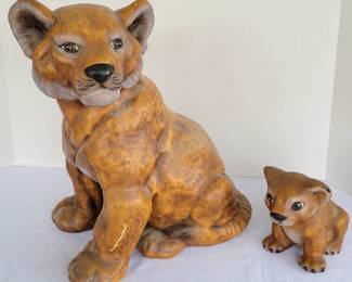 Two Vintage Chalkware Lion Cub Figures