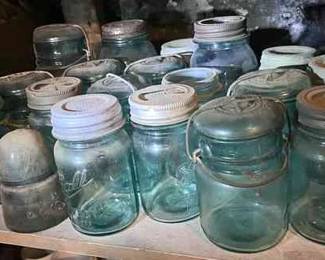15 Blue Ball Jars  Clear Glass Lids In Basement 