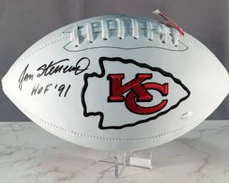 Jan Stenerud (HOF) Kansas City Chiefs Autographed Football, Schwartz Sports Memorabilia COA And COA Sticker, On Display Stand
