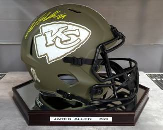 Jared Allen Kansas City Chiefs Autographed Salute To Service Helmet, Beckett COA Sticker, In Display Case