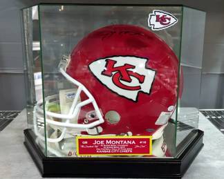 Joe Montana (HOF) Kansas City Chiefs Autographed Helmet, JSA COA Sticker And Letter, In Display Case