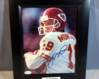 Joe Montana (HOF) Kansas City Chiefs Autographed Photo, JSA COA And COA Sticker, 12"H X 10"W, Dented Frame