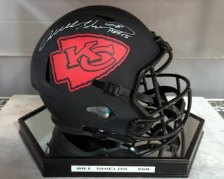 Will Shields (2003 Walter Payton Man Of The Year) Kansas City Chiefs Autographed Helmet, Schwartz Sports Memorabilia COA Sticker , In Display Case