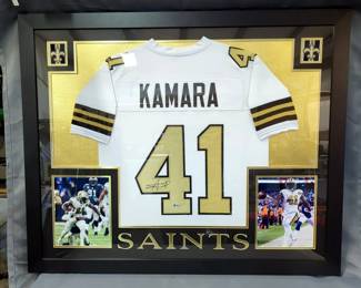 Alvin Kamara New Orleans Saints Autographed Jersey With Beckett COA Card And Sticker, Framed Under Glass With Photos, 43.5" Wide x 35.5" Tall
