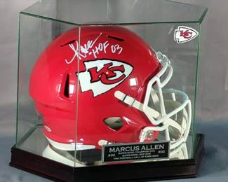 Marcus Allen (HOF) Kansas City Chiefs Autographed Helmet, Beckett COA And COA Sticker, In Display Case, And In Frame Photo Of Marcus Allen Signing Helmet