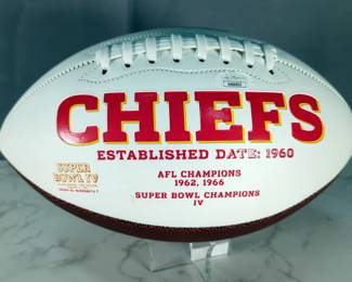 Tyrann Mathiew Kansas City Chiefs Superbowl IV Autographed Football, JSA COA Sticker, On Display Stand