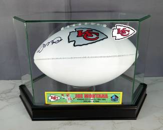 Joe Montana (HOF) Kansas City Chiefs Superbowl IV And LIV Autographed Football, Beckett COA Sticker, In Display Case