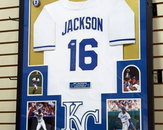 Bo Jackson (HOF) Kansas City Royals Autographed Jersey With Beckett COA Card And Sticker, Framed Under Glass With Photos And Name Plate, 34" Wide x 42" Tall