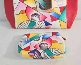 SUKRITI GEOMETRIC HAND PAINTED LEATHER TOTE AND POUCH SET NWT