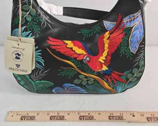 ANUSCHKA MACAW HAND PAINTED EMBROIDERED LEATHER LARGE HOBO BAG NWT