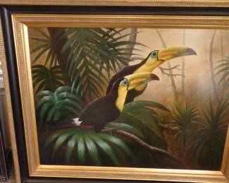 B. size approx. 4'x3' with frame exotic birds, list price $1,250 buy now $650.00 original oil on canvas