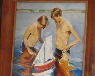 X. approx. 36"x28" boys at beach oil on canvas price $575 buy now $450  sold