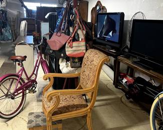vintage chair and furniture, TV's, Bags and another beach cruiser.