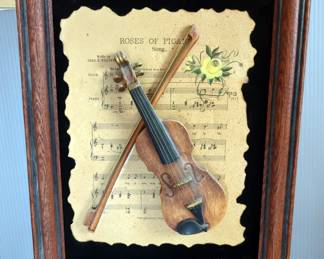 Miniature Violin Replica With Bow And Leather Case, 10" Long, And Framed Sheet Music With 3D Violin, 15" x 19"