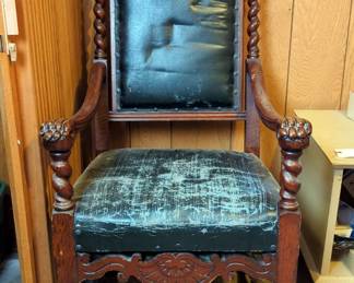 Antique Carved Wood Throne Chair With Lion Head Back, Claw Arms On Wood Casters, 48" X 22" X 24"