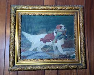 Bird Dog Retrieving Quail Painting In Gilded Frame, 20" x 23"