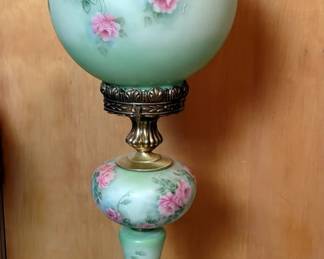 Antique Victorian 34" Electric Banquet Lamp With Hand Painted Glass Globes And Brass Footed Base