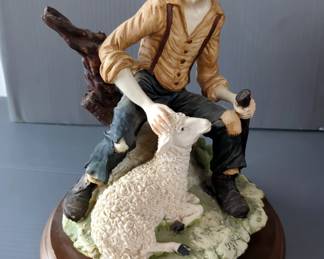 DEAR Sculture Artistiche Hand Painted Italian Statuettes Of Girl With Sheep, And Boy With Sheep, Both 11" Tall