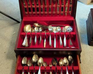 Community Stainless Flatware Including Forks, Spoons, Knives, And Serving Pieces, Oneida Community Par Plate Spoons, And Orleans Silver Stainless Spoons, Approx Qty 100, In Felt Lined Storage Box
