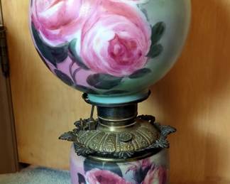 Antique Gone With The Wind Electric Lamp With Hand Painted Glass Globe And Brass Footed Base, 26" Tall