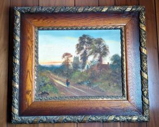 Boy Riding Bike Near Cottage Painting, 27" x 31", In Wood Frame