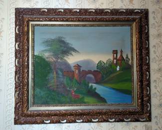 Castle And Bridge Painting, In Antique Gesso And Carved Wood Frame, 34" x 31"