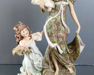 Giuseppe Armani "Rosebuds" Signed Sculpture Of Lady With Girl And Flowers, 15.5" Tall