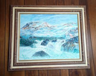 River Rapids And Mountain Oil Painting, 30" x 36", Framed