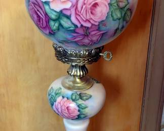 Antique Victorian 32" Electric Banquet Lamp With Hand Painted Glass Globes And Brass Footed Base