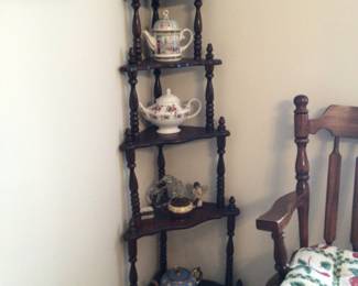 Ornate spooled dowel corner shelf $125., various tea pots