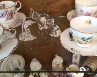 misc. cups & saucers, more Lenox crystal animals