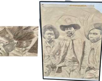 Signed “Cowboys” Pencil Art 20th Century