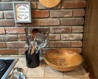Kitchen items including vintage dough bowl