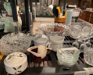 Coffee cup, lidded bowl, more cut glass bowls, Lilian Vernon vintage sugar & creamer, small set of clear glass bowls 