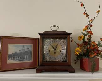 Howard Miller mantle clock with key, deco, framed art