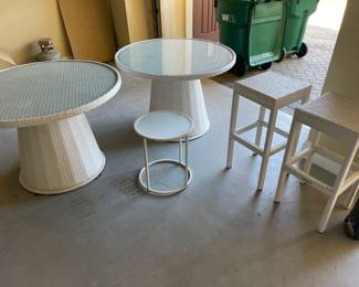 Frontgate wicker round tables, and bar stools 