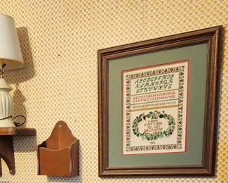 Many framed cross stich and needlepoint. 