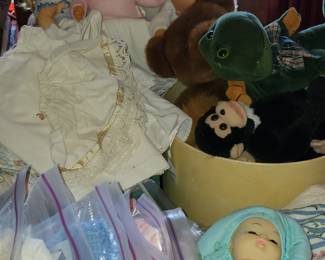 Dolls and doll clothes. Some handmade. 