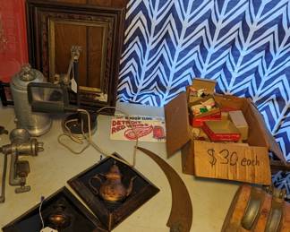 Meat Grinder, Picture Frame, Table Maginifing Glass, Art Work, Hand Scythe Vintage Block & Tackle Pulley 