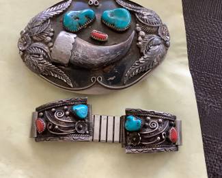 Sterling turquoise, watch band and belt buckle